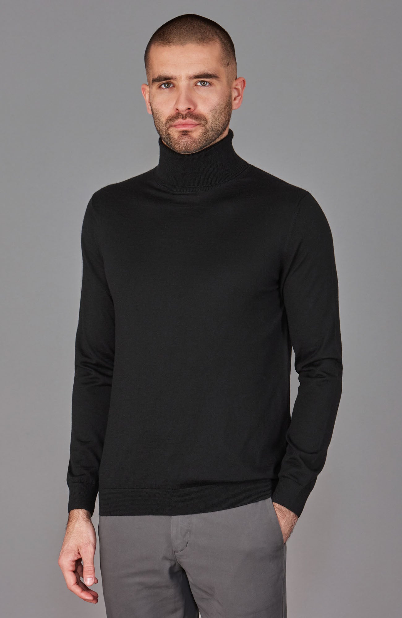 black mens merino silk roll neck jumper