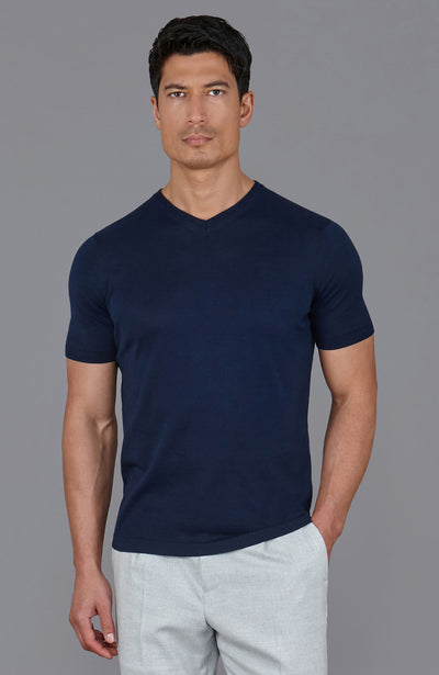 navy mens v neck knitted t-shirt