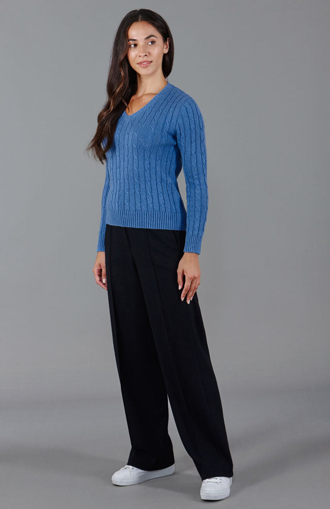 blue womens v neck cotton cable jumper