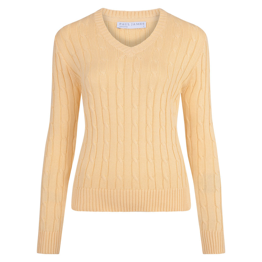 yellow blue womens v neck cotton cable jumper