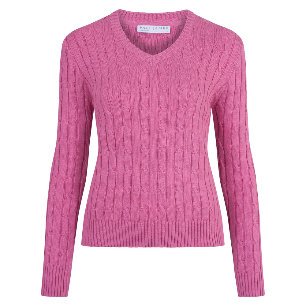 pink womens v neck cotton cable jumper