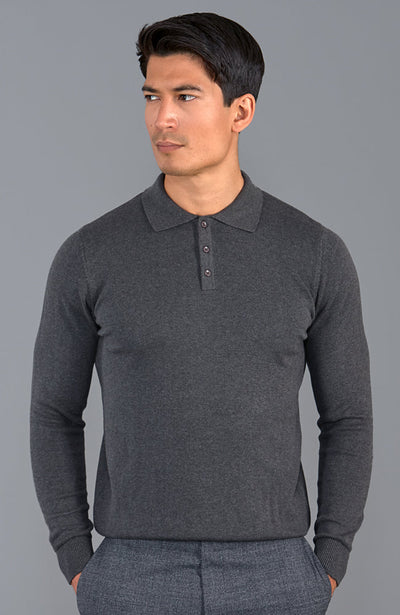 mens charcoal long sleeve cotton polo shirt