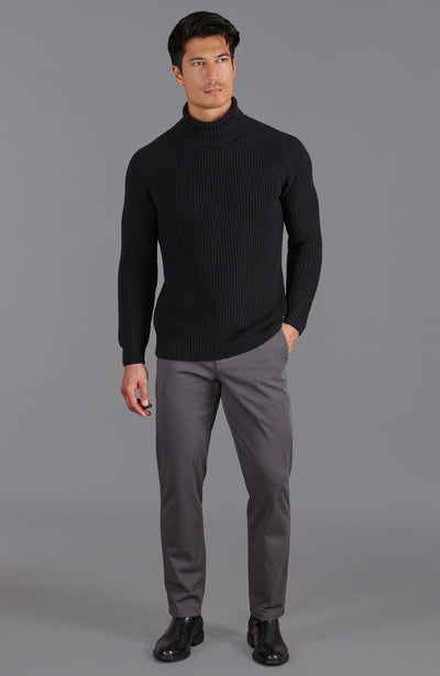 black mens fisherman rib roll neck jumper