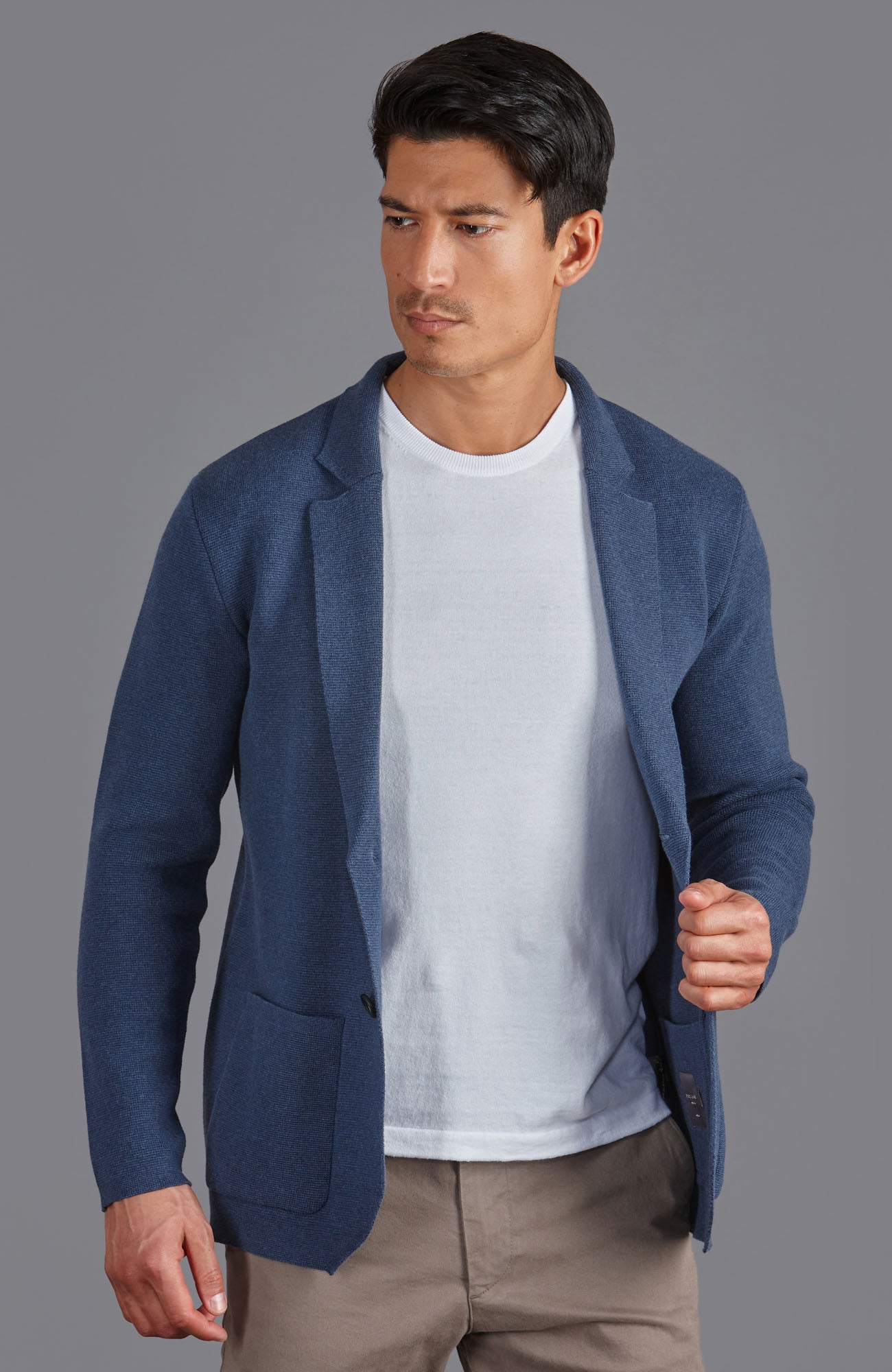 blue mens knitted unstructured blazer