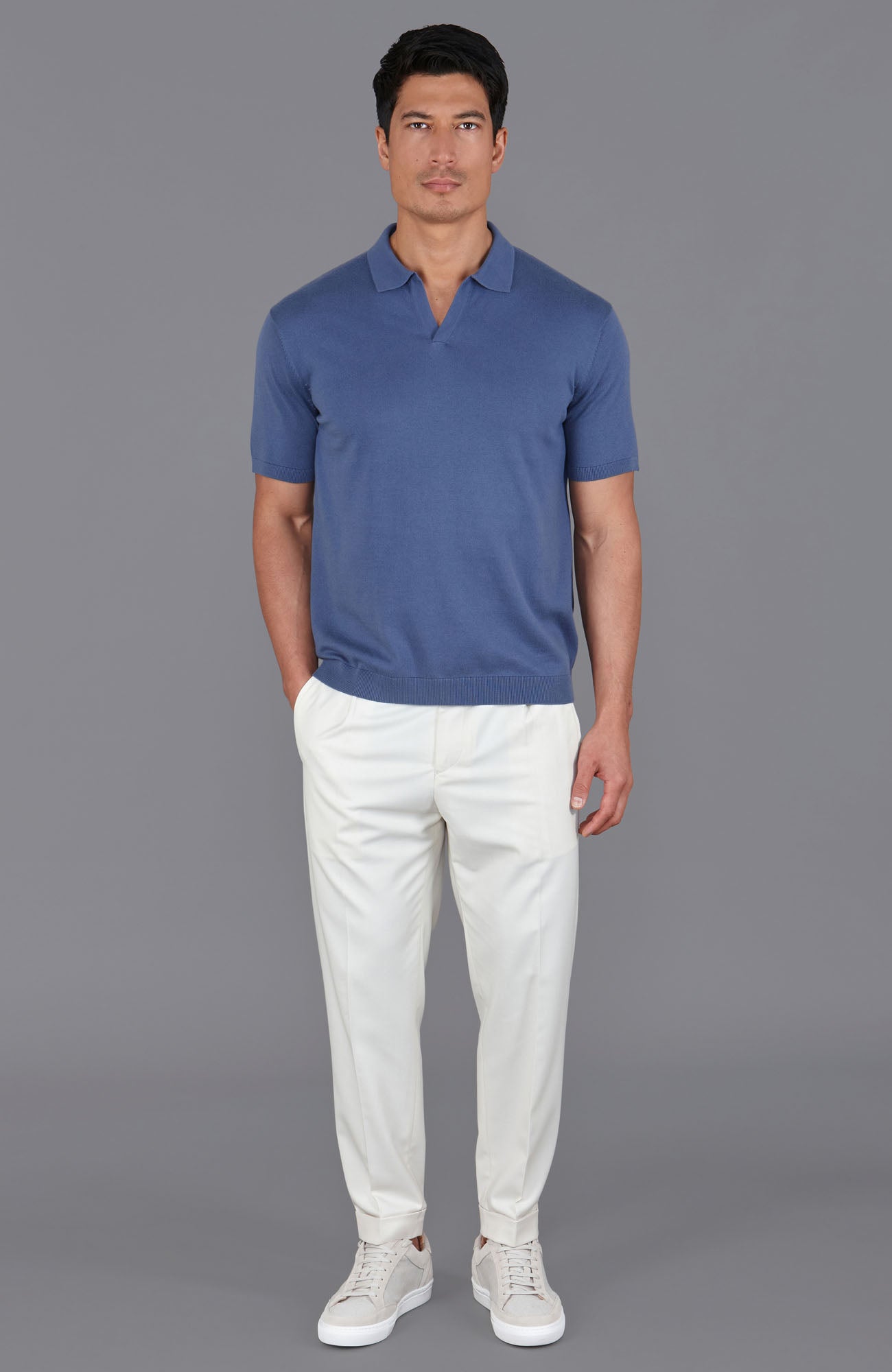 blue mens buttonless polo shirt