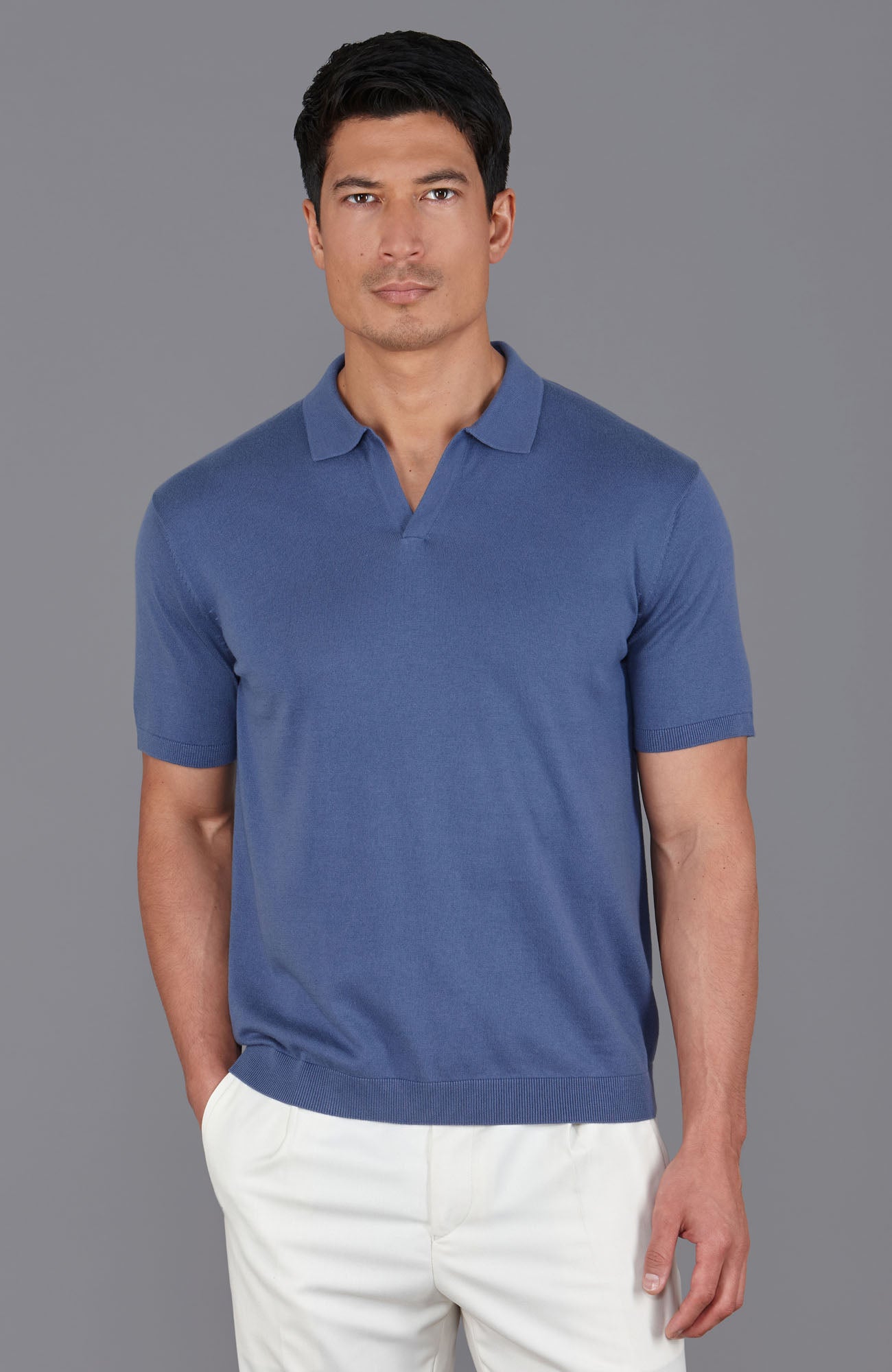 blue mens buttonless polo shirt