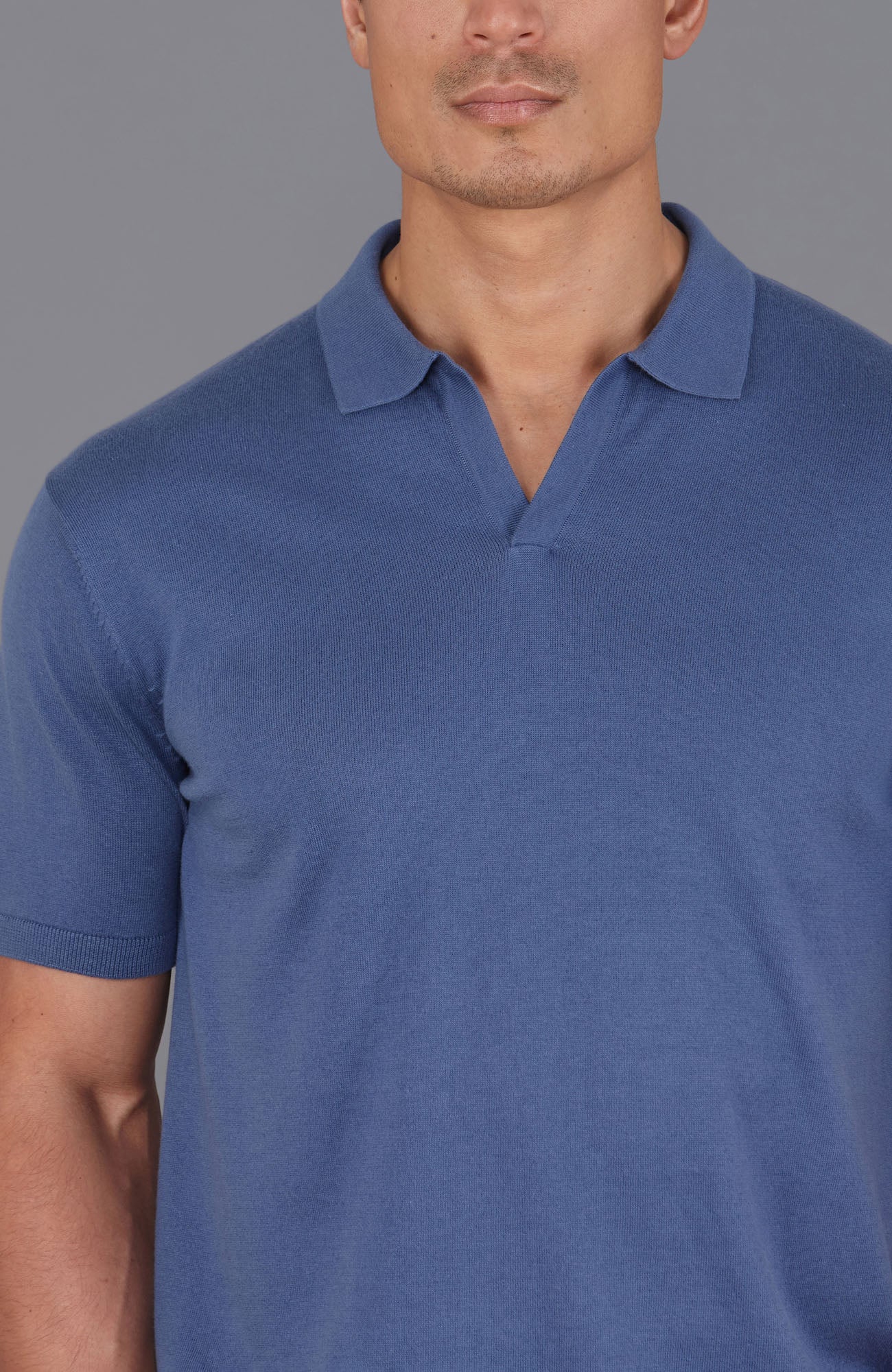 blue mens buttonless polo shirt