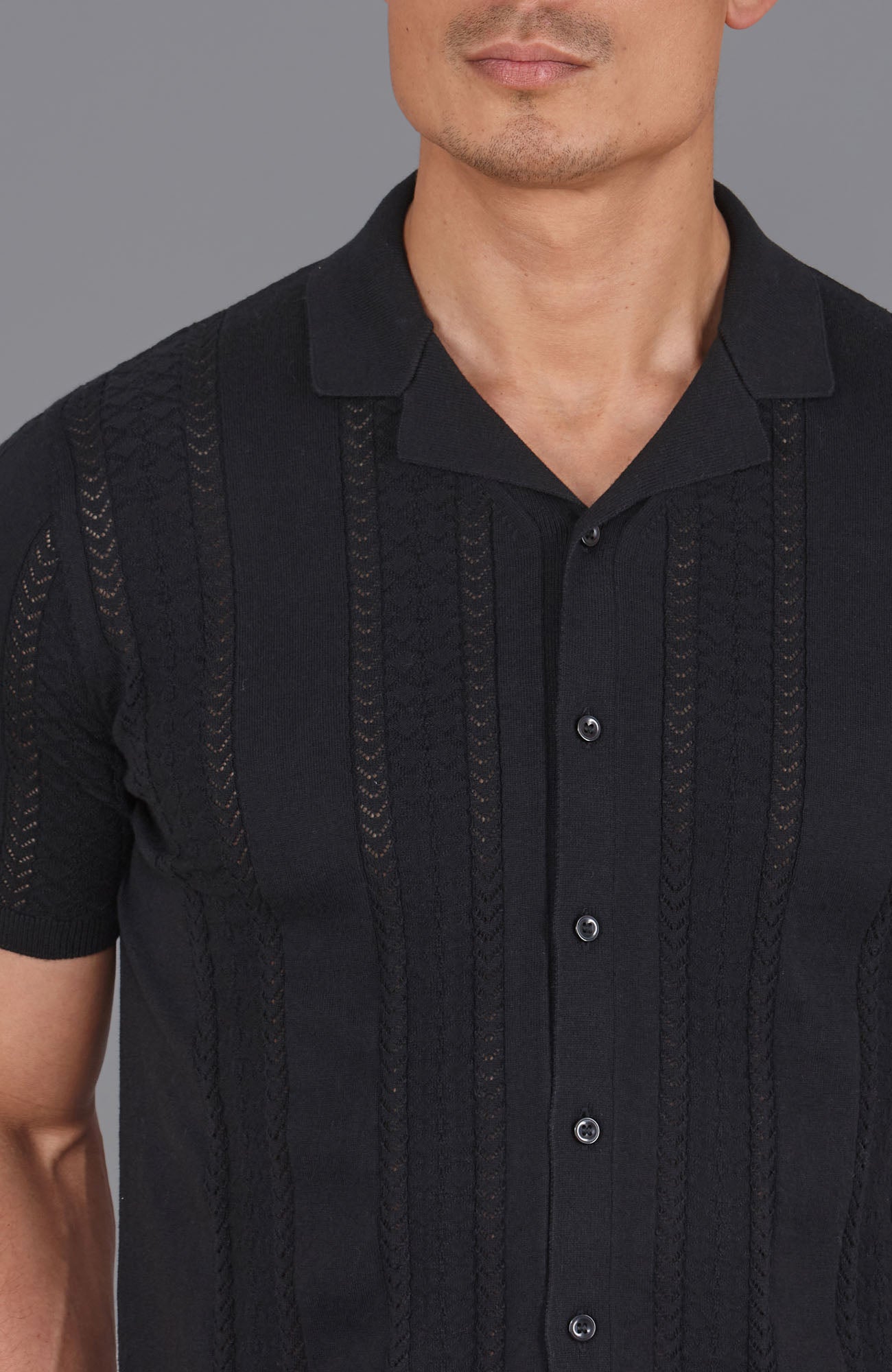 black mens open knit shirt