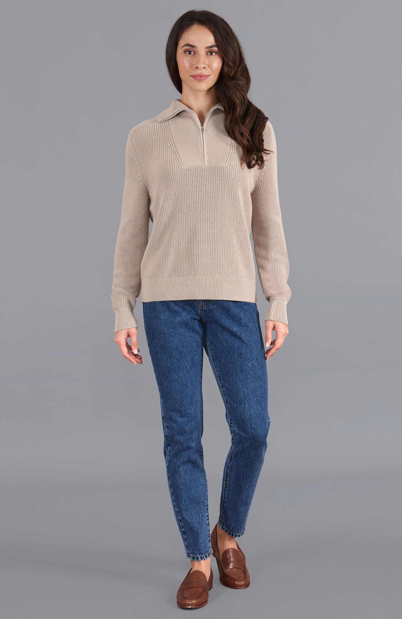 women linen rib zip neck jumper