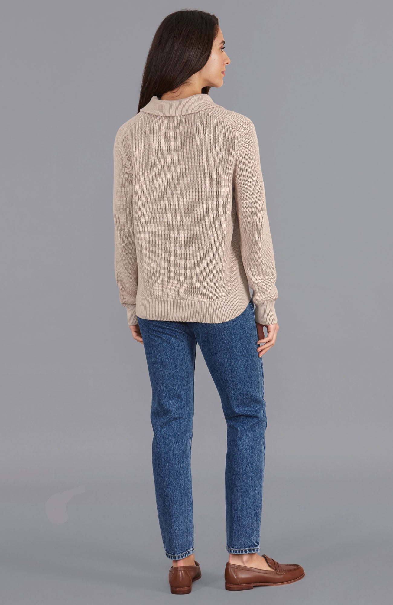 women linen rib zip neck jumper