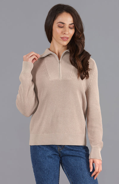 women linen rib zip neck jumper