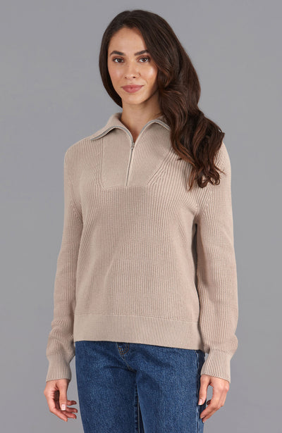 women linen rib zip neck jumper