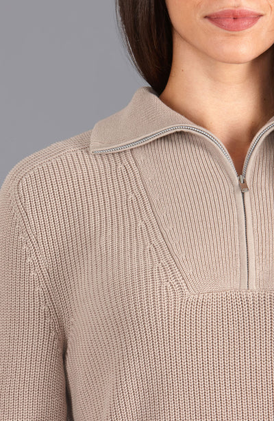 women linen rib zip neck jumper