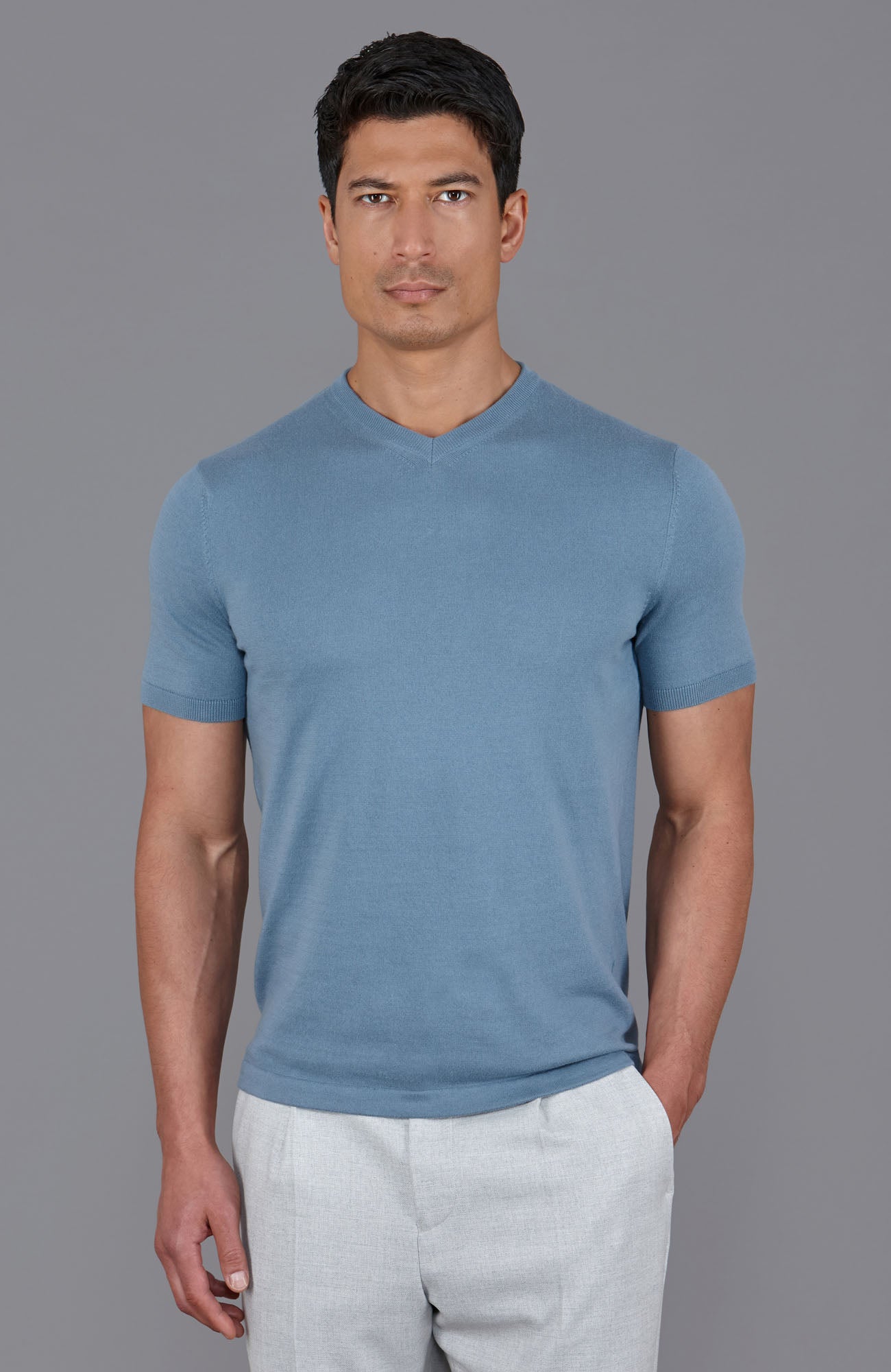 blue mens v neck knitted t shirt