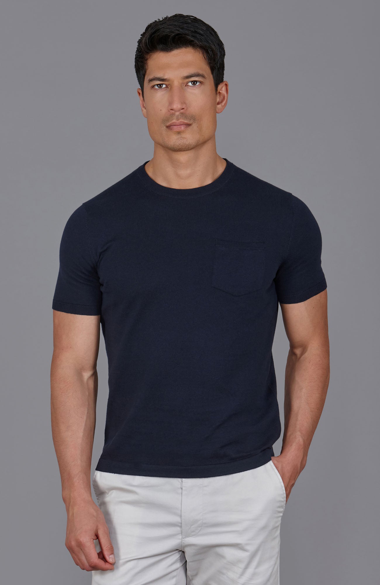 navy mens knitted pocket t-shirt