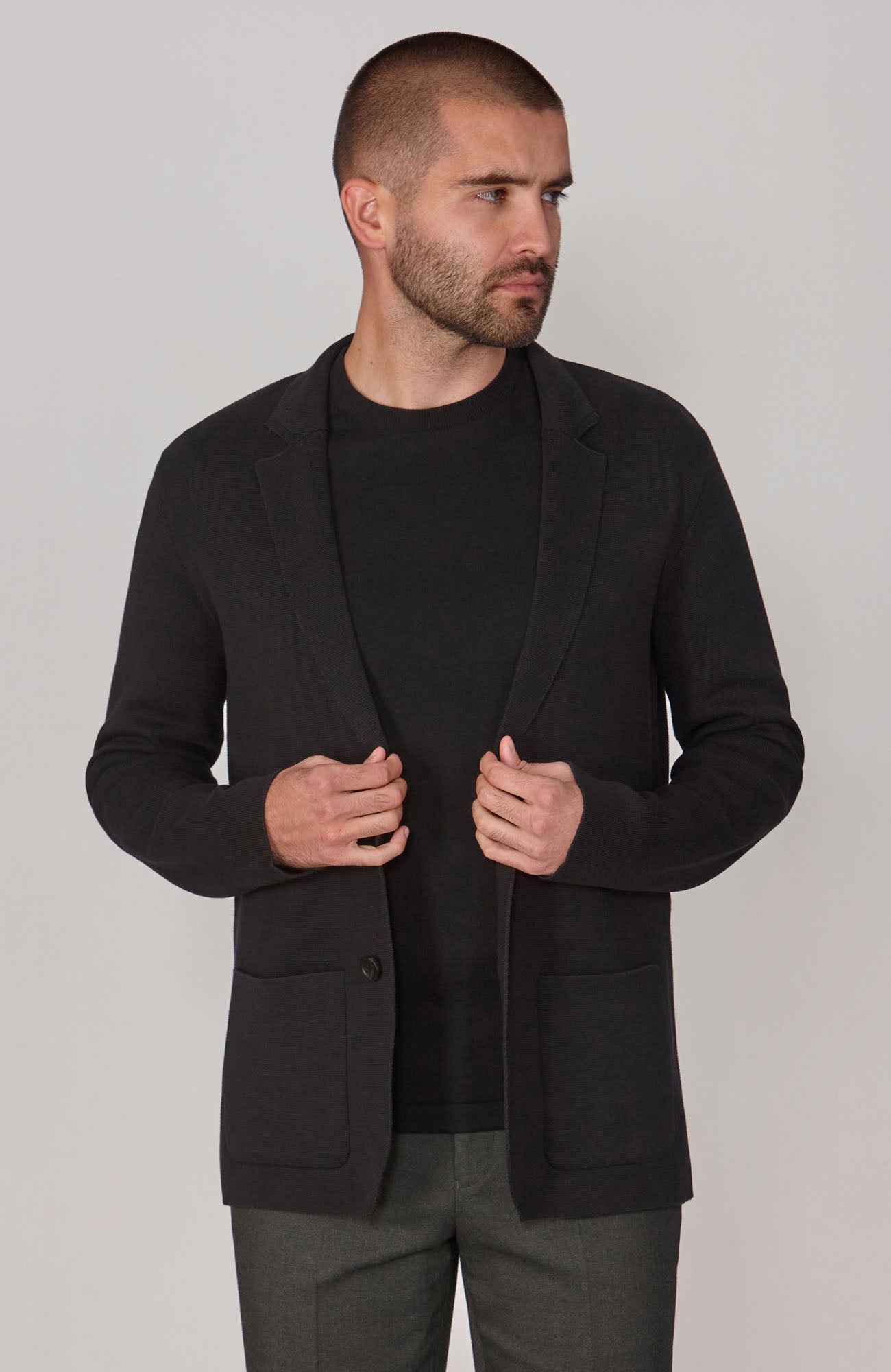 black mens lightweight knitted blazer