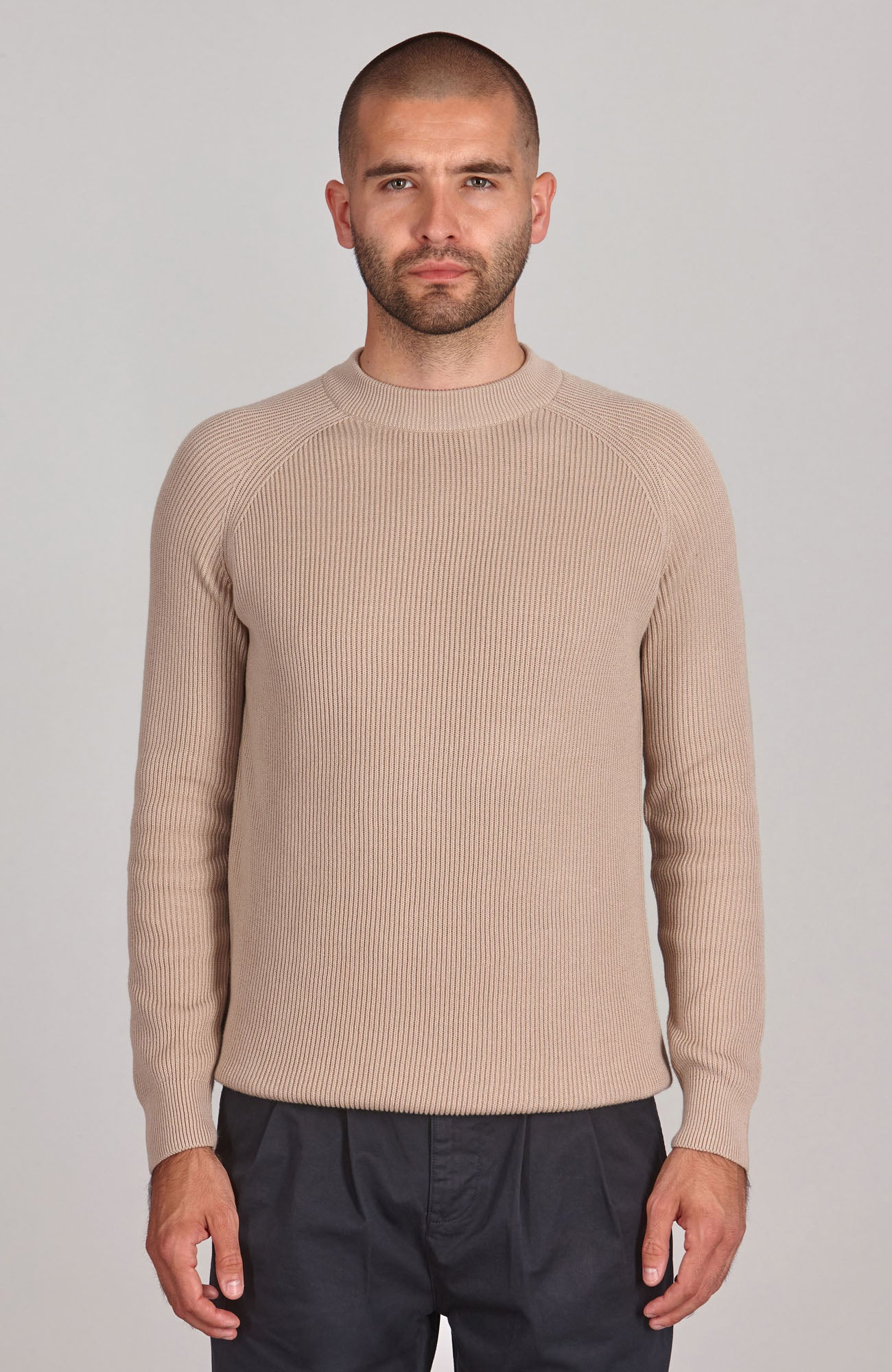 beige mens fisherman ribbed jumper