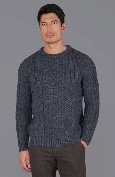 grey mens British wool cable jumper