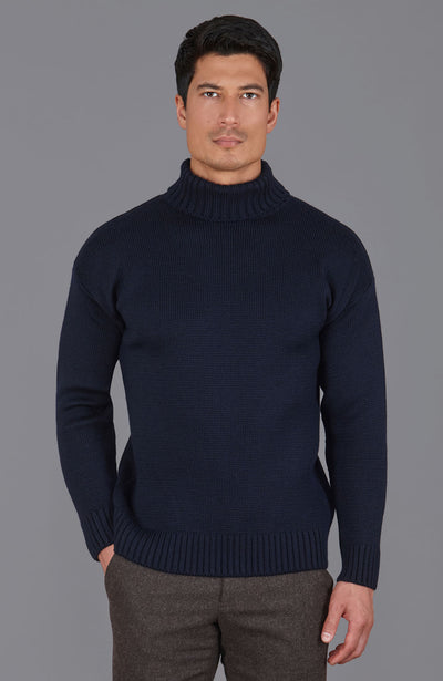 navy mens roll neck chunky jumper