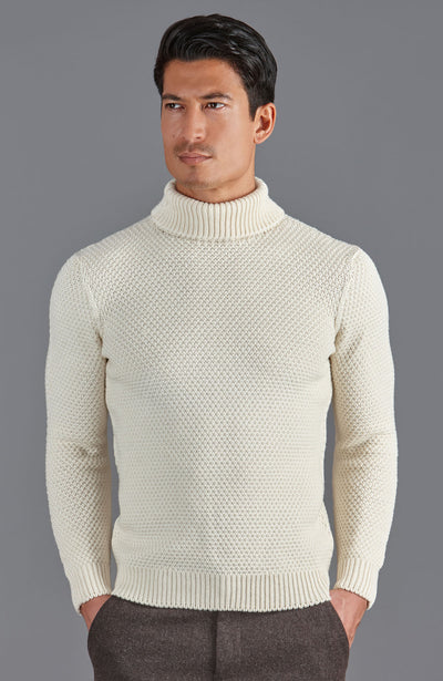 mens ecru wool roll neck jumper