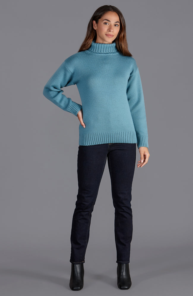 womens teal merino wool roll neck jumper