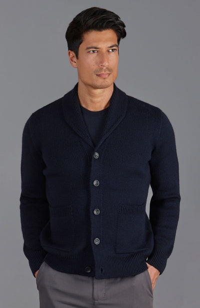 mens navy wool shawl collar cardigan