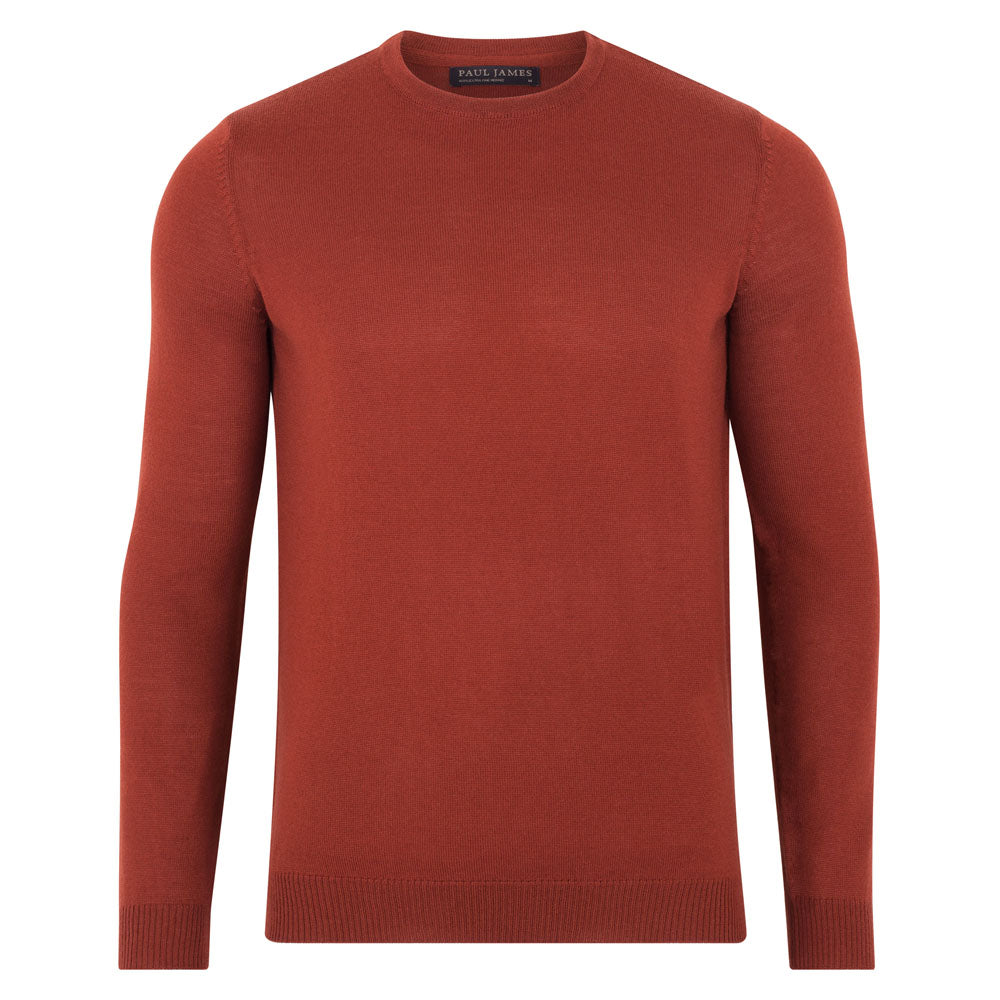 mens dark orange merino wool round neck jumper