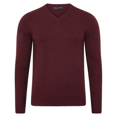 burgundy mens v neck merino wool jumper