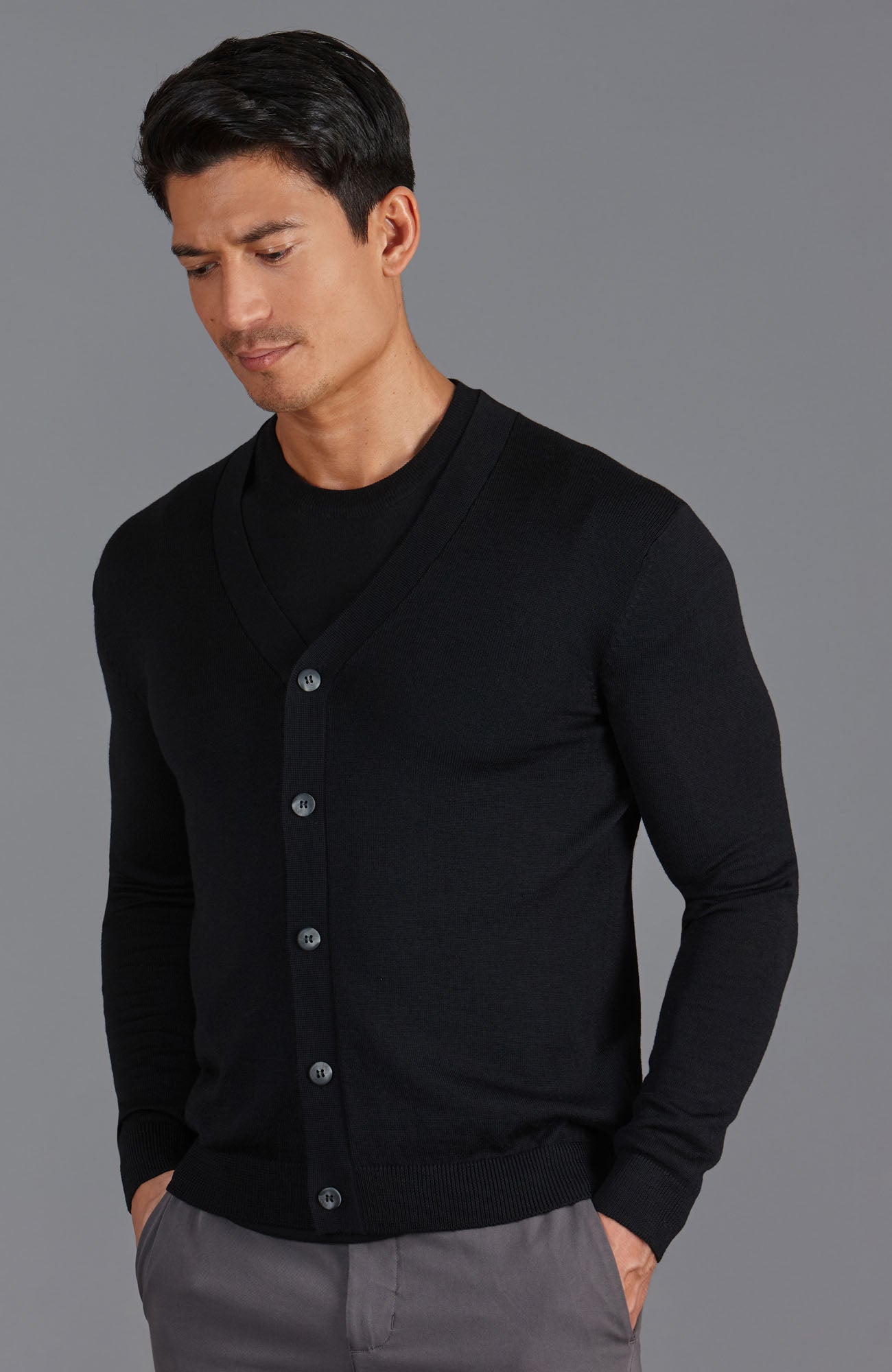 mens black fine merino wool cardigan