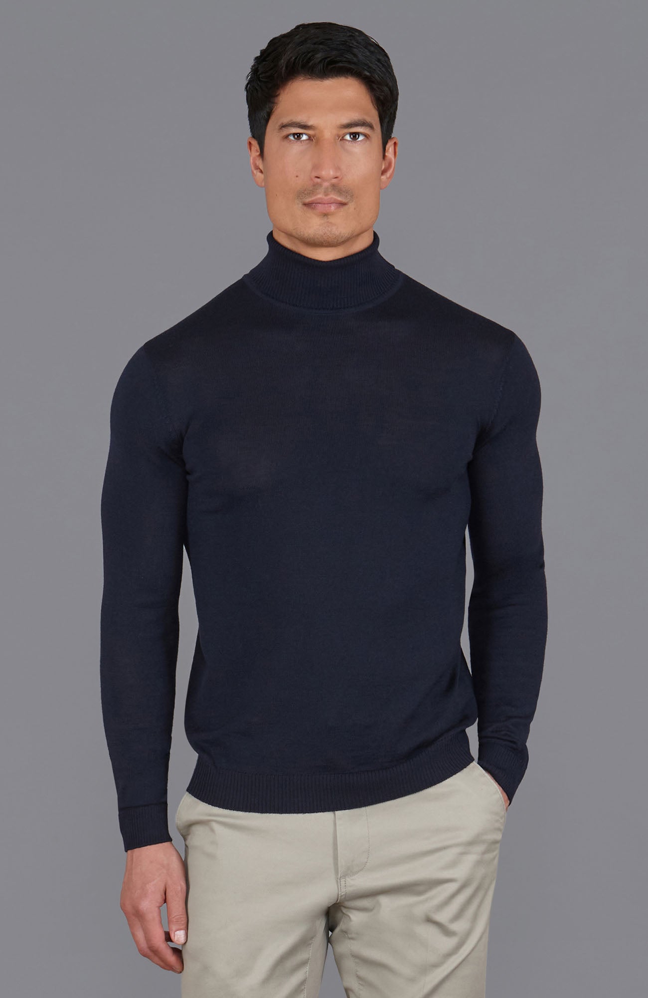 mens navy merino wool roll jumper