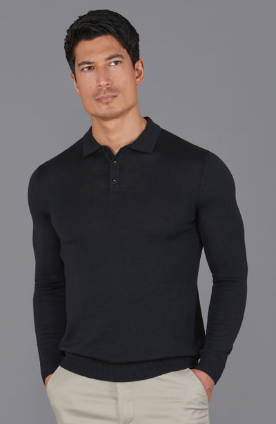 black mens merino wool polo shirt