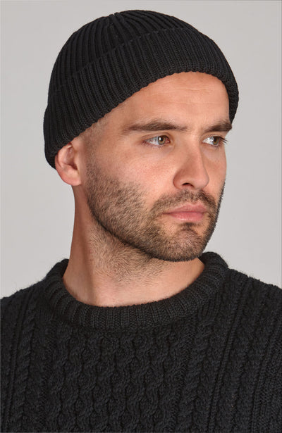 black mens rib fisherman beanie