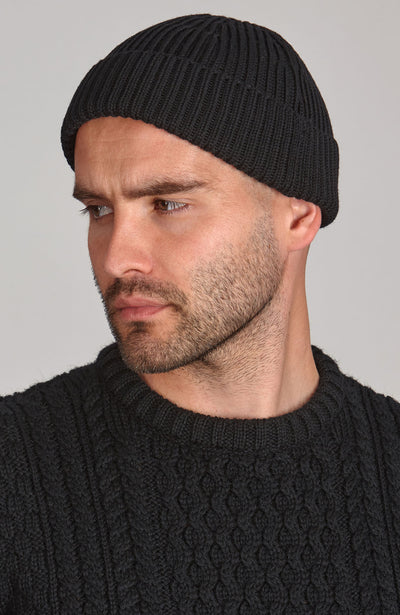 black mens rib fisherman beanie