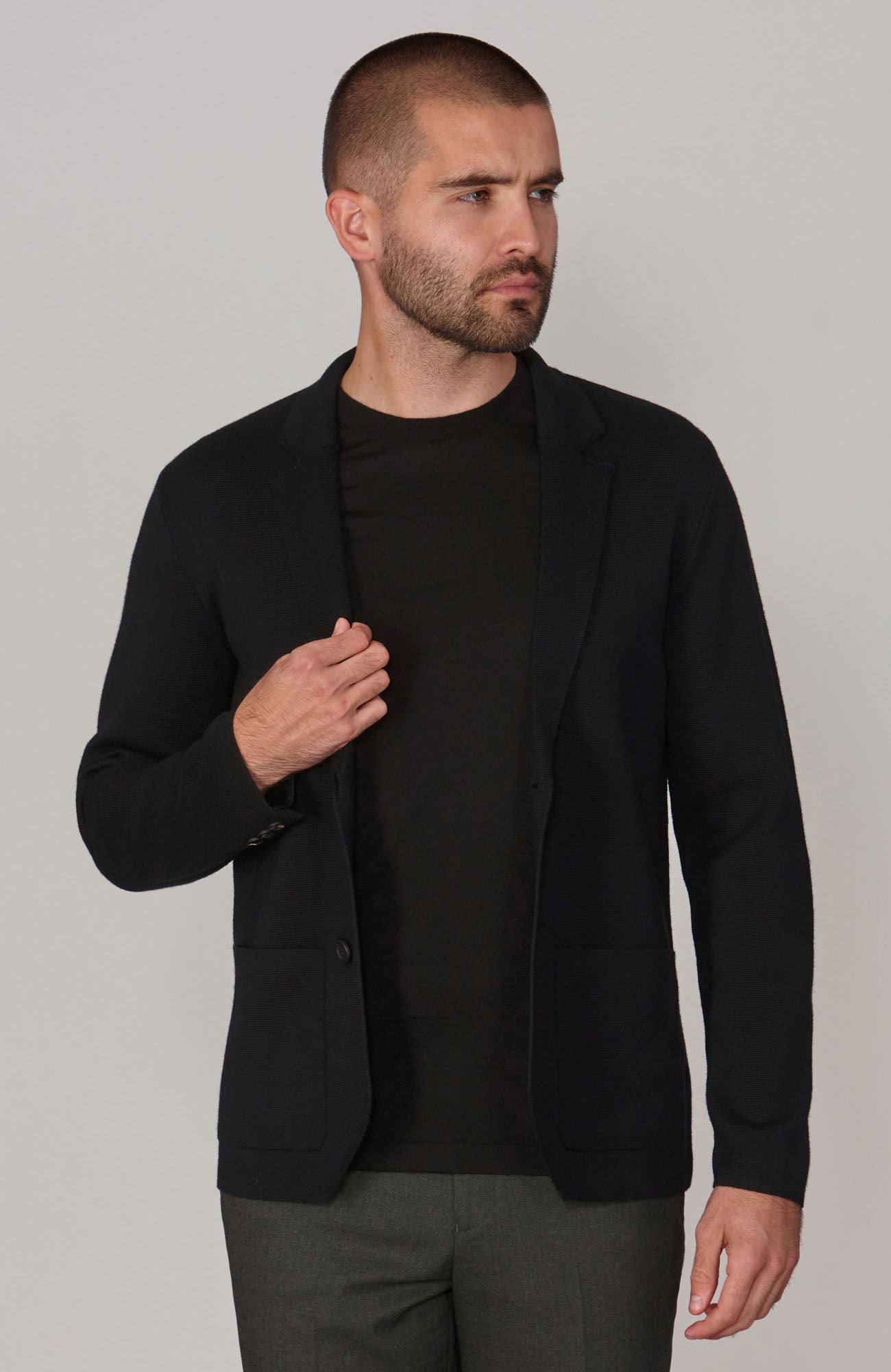 black mens fine wool knitted blazer