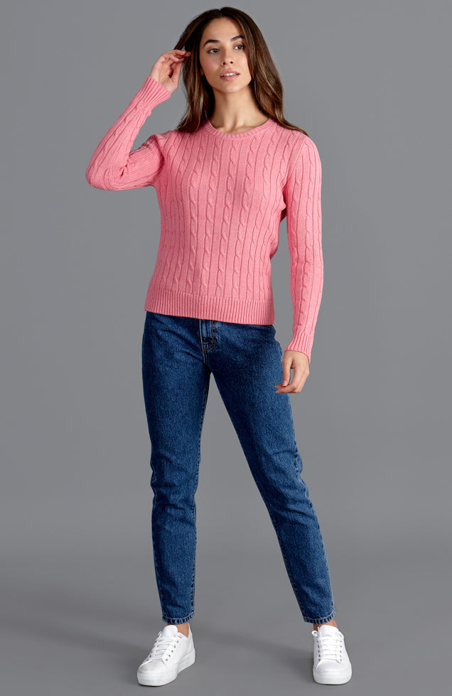 starlet pink round neck womens cotton cable jumper