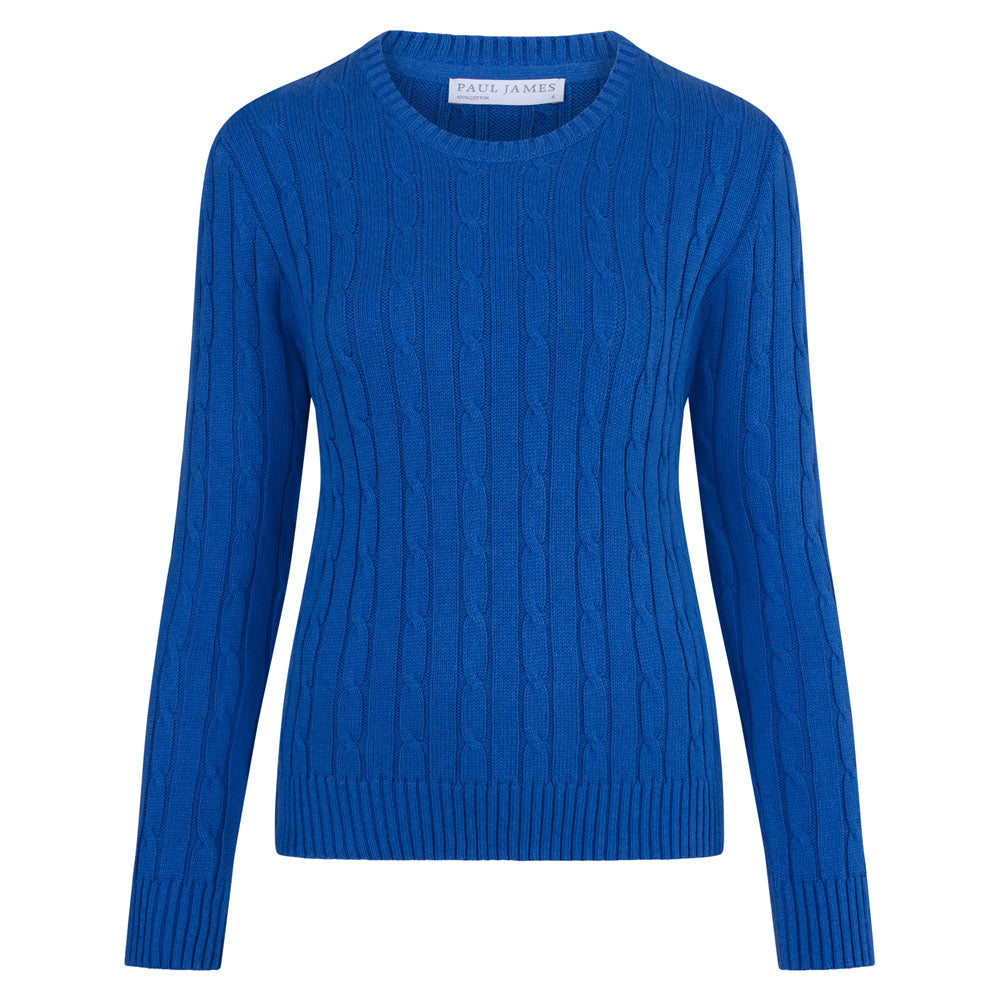 bright blue womens cotton cable jumper