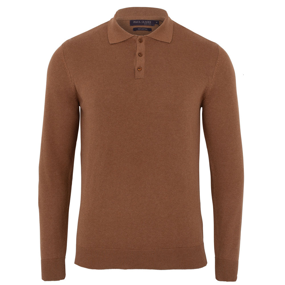 Mens 100 Cotton Knitted Long Sleeve Polo Shirt Paul James Knitwear