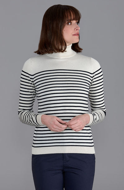 womens white navy roll neck stripe breton sweater