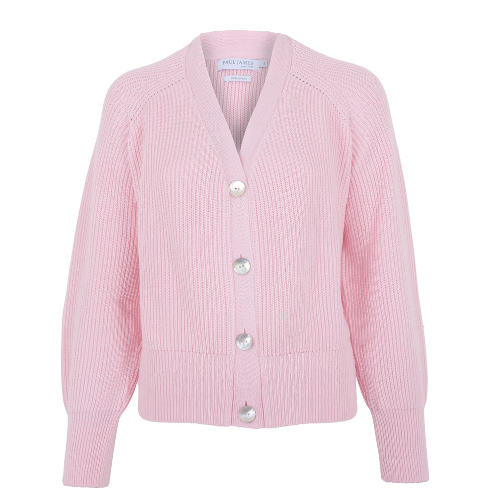pink oversized cotton cardigan with mother of pearl natural shell buttons