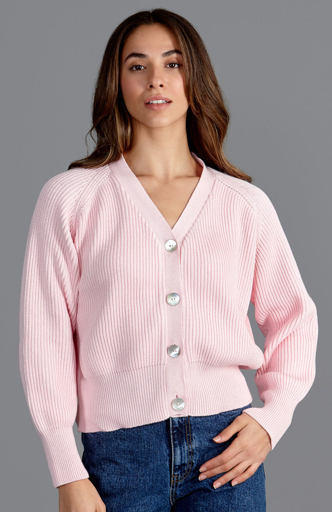pink oversized cotton cardigan with mother of pearl natural shell buttons