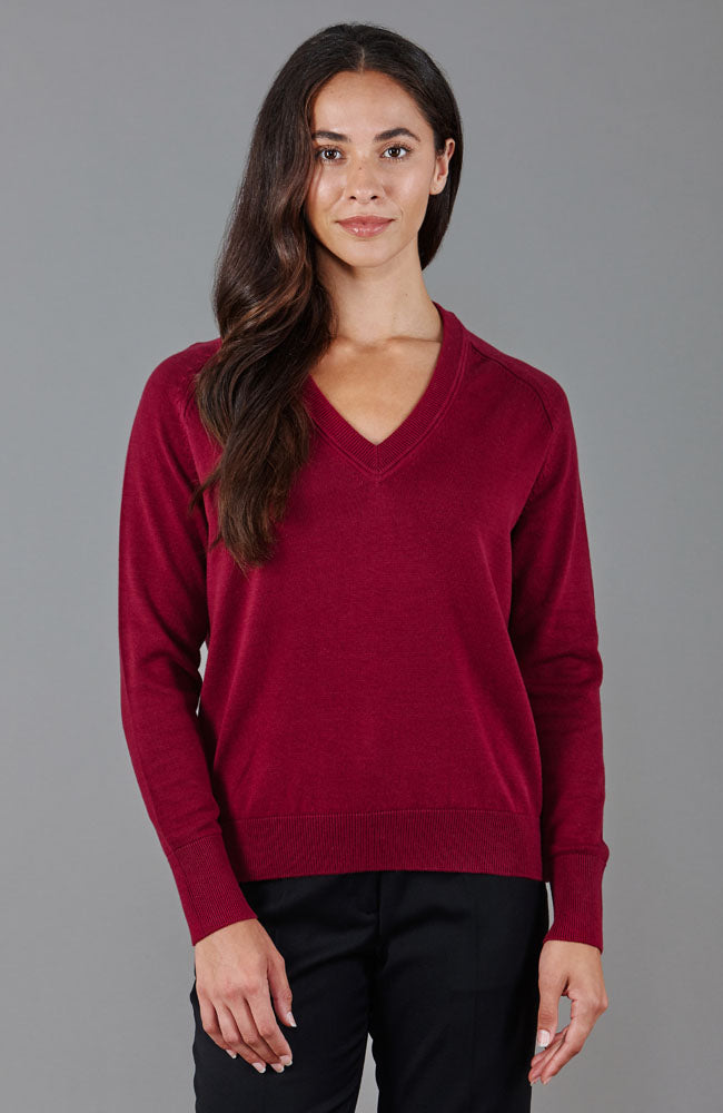 red womens v neck cotton jumper