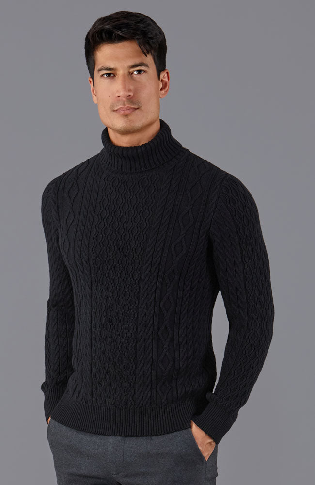 black mens fisherman cable roll neck jumper