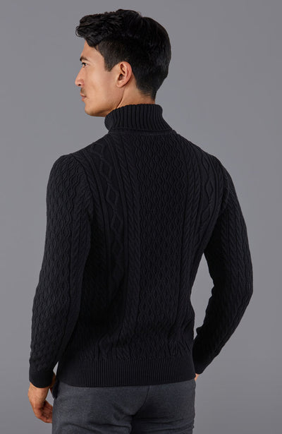 black mens fisherman cable roll neck jumper