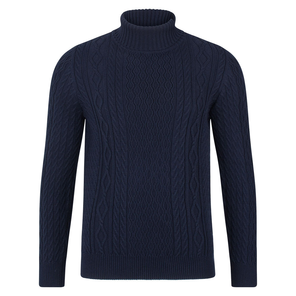 navy mens chunky cable roll neck jumper