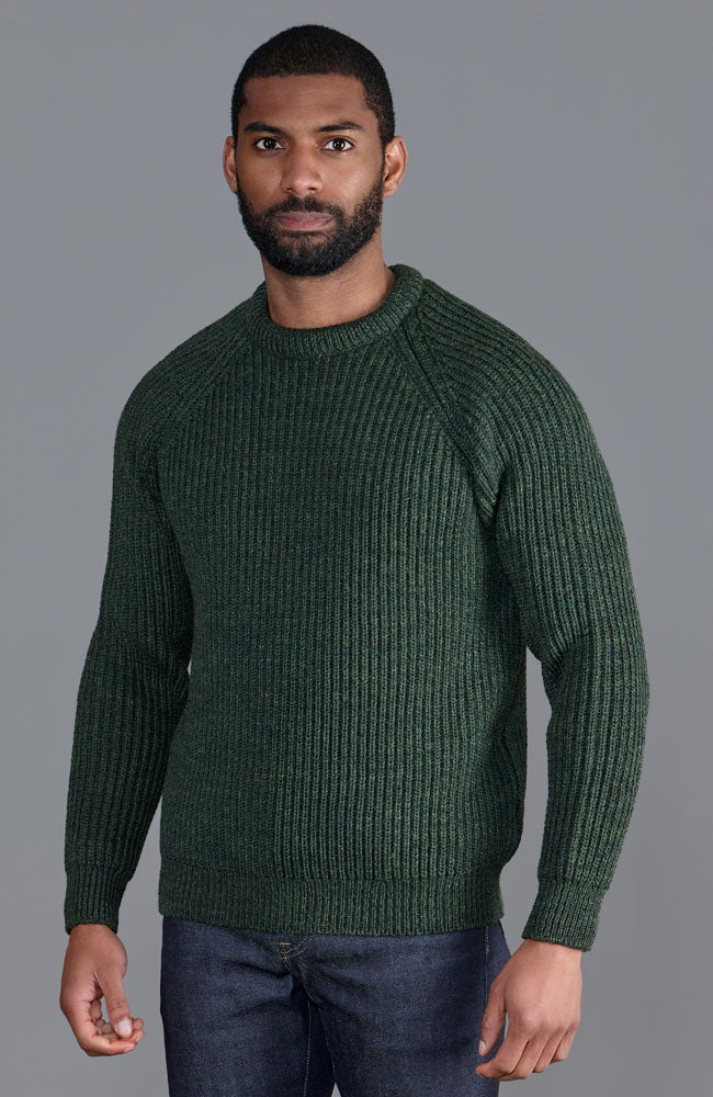 mens warm green British wool fisherman rib jumper