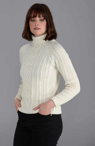 womens white chunky merino wool roll neck jumper