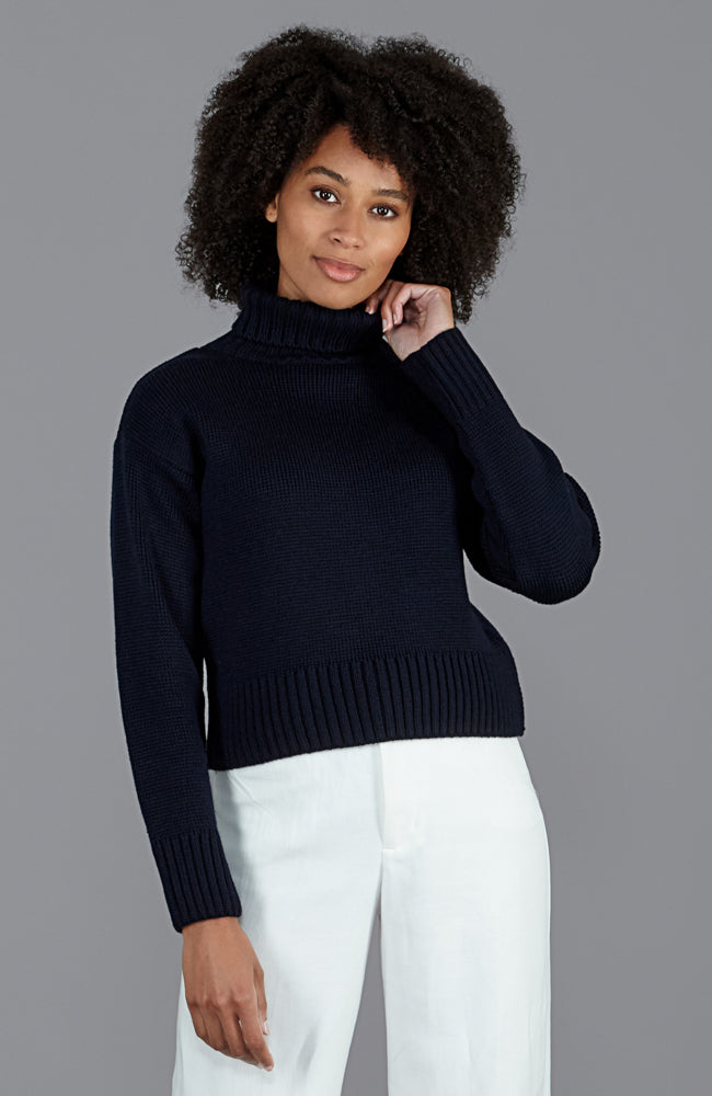 womens warm navy crop roll neck merino wool winter jumper