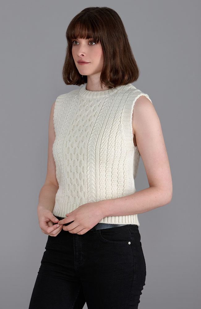 white womens sleeveless wool round neck jumper