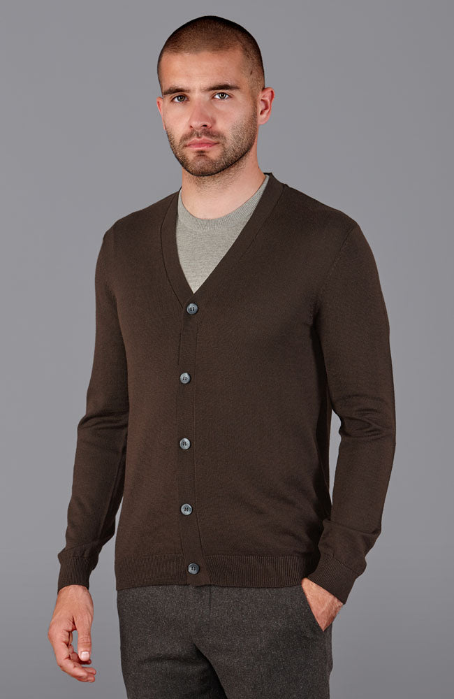 brown mens merino wool cardigan