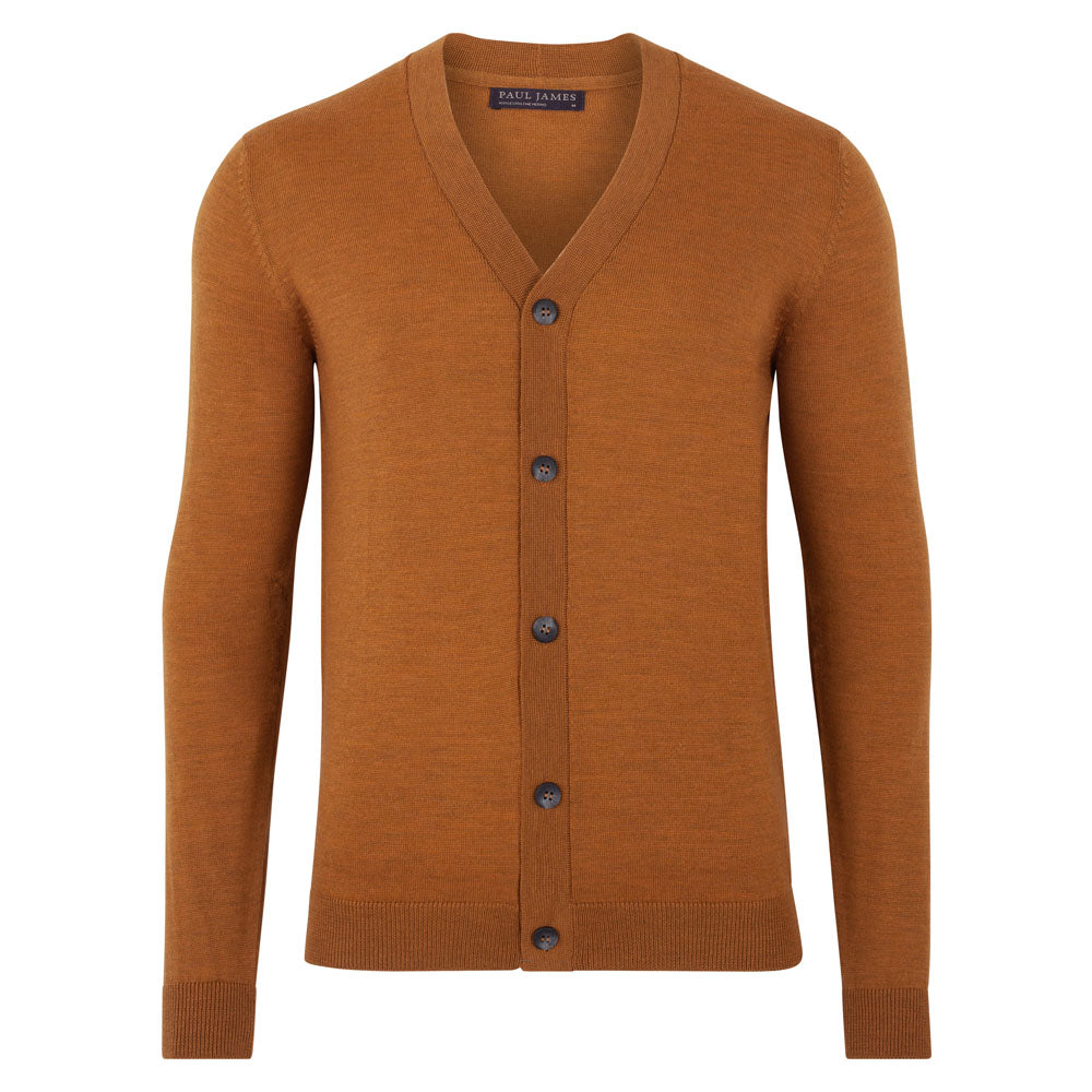 mens saffron fine merino wool cardigan